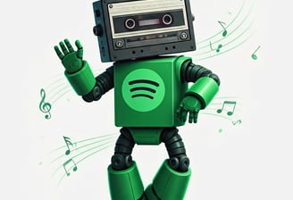 Robot humanoide bailongo cuya cabeza es una cassete retro. El cuerpo del robot es el logotipo de Spotify.