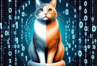Representación del gato de Schrödinger sobre fondo de dígitos binarios.