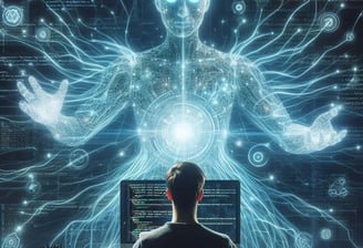 Ilustración de un programador que ve como la IA, ser místico holográfico, potencia sus capacidades para programar.