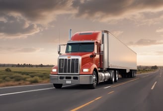 An orange Isuzu truck with a large container on its back is driving on a highway. The truck has signage indicating 'K.B Logistics' and contains decorative elements on the front. The container is mostly blue with white text and appears to be used for transporting goods. The highway is surrounded by greenery, with trees and bushes visible in the background. It's a bright day with clear visibility.