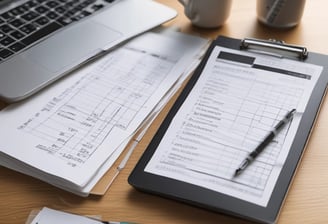 The scene includes a dimly lit workspace with a focus on tax-related documents, a pen, and a mug. The documents are prominently featured on the table, indicating a financial or tax preparation setting.