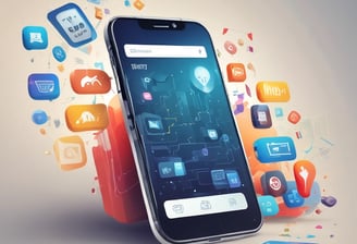 A web page featuring a promotional message about creating mobile apps from data. The headline text emphasizes transforming data into beautiful, powerful mobile applications. Below the headline, there is an image of a smartphone interface displaying app previews with a toolbar and menu options. The user interface is sleek and modern with a soft pastel background gradient.