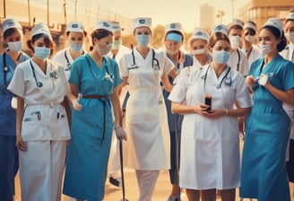 A large hospital ward filled with beds, where several patients are either sitting or lying down. Two nurses in white uniforms are standing to the right, attending to patients. The room is decorated with garlands and paper lanterns, suggesting a festive or ceremonial atmosphere.