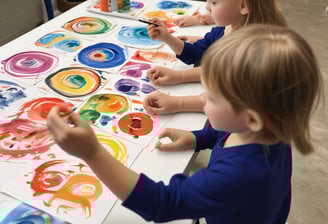 A group of women wearing casual clothing are engaging with children in a colorful room. The walls are painted with bright circles and letters. Some of the women are seated, serving food or interacting with the children, while one stands using a phone. The children are sitting or kneeling on the floor, holding bowls and cups.