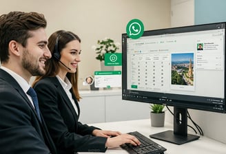 Equipo de agentes gestionando reservas en oficina moderna con dashboard unificado, calendario digital y carpeta virtual de hu