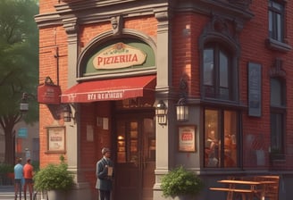 A dimly lit pizza stall with a sign reading 'Pucci's Pizza' and an 'OPEN' neon light. Several pizzas are displayed on the counter. Two employees, one wearing a red hat, are behind the counter. A customer sits at a nearby table, seemingly waiting.