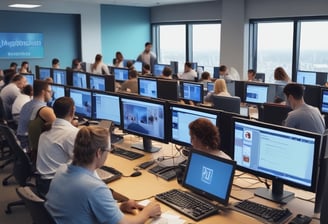 A large group of people are gathered in a conference room for a 'Sensitivity Training' session. Most attendees are wearing face masks. The room is decorated with chandeliers and a large screen displaying the title of the seminar. Attendees are dressed in various colorful garments.