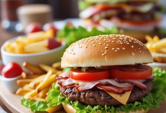 A gourmet plate with a hamburger featuring a glossy, toasted bun, accompanied by fresh mixed greens and crunchy onion rings. A small dish with a red dipping sauce is also present, enhancing the sophisticated dining presentation.