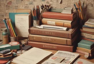 a desk with a lot of books and papers