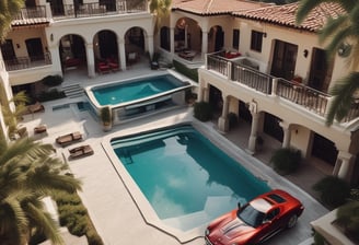 A large luxury motorhome with a built-in garage is showcased indoors. A high-end sports car is parked inside the garage compartment of the motorhome. There are potted plants arranged around the vehicle, and overhead lighting suggests an exhibition or show setting.