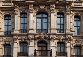A travel agency is located in a multi-story building adorned with a large mural. The mural depicts a smiling woman's face with her hand raised as if waving. The building is surrounded by trees, and there is a sign indicating 'TRAVEL AGENCY' at the entrance. Several windows and architectural details are visible, as well as an entrance with a ramp and stairs.