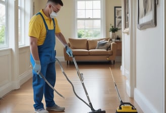 Two window cleaners are suspended by ropes, working on cleaning the glass windows of a tall building. Each cleaner is equipped with tools and a bucket, skillfully moving along the facade with safety harnesses. The building features reflective blue-tinted glass panels, creating a striking geometric pattern.