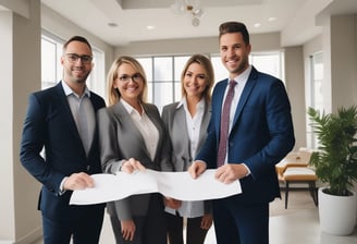 A real estate auction sign displaying the word 'SOLD' in bold red letters. The sign includes images of a home's interior featuring a living room with modern furniture, and it is set against the backdrop of trees and sky.