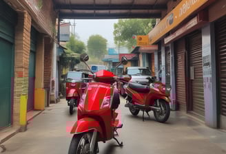 A cluster of motorbikes parked closely together on a street under the shade of a tree. Several signs around indicate the availability of motorbike rentals, with prominent texts like 'For Rent' in bright colors. There is a helmet placed on one of the motorbikes. The setting appears to be in a vibrant area, with greenery and a wooden facade in the background giving a rustic touch.