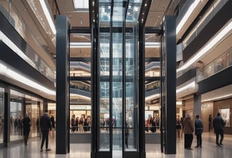 An escalator is ascending towards a well-lit area featuring an elevator. The scene is mostly metallic with reflections on the escalator sides, and overhead lighting provides a dim glow.