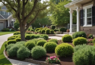 A lush green landscape with tall trees under a bright, clear blue sky. The foreground features a well-maintained lawn with dense shrubs and a line of trees extending into the background, creating a serene natural environment.