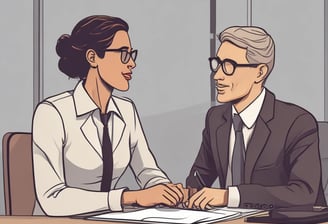 A woman sits against a white wall, using a laptop with the logo 'Jopwell' on it. She wears a dark blazer and a green shirt, with her long hair down. The environment is bright with natural light, and greenery can be seen outside the window.