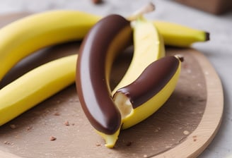 A close-up view of a bunch of ripe bananas with their smooth yellow skins. In the background, there's a red and white package featuring chocolate wafers, an apple, and a container with an illustrated face.