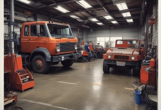 A busy automotive workshop with multiple cars being serviced. One car is elevated on a lift, and a mechanic is working nearby. Several signs and banners with automotive-related text hang on the walls. The environment is industrial, with metal roofing and visible beams.