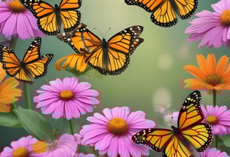 A group of monarch butterflies on purple and orange cornflowers.