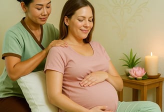 Certified Thai therapist giving a gentle pregnancy massage to a pregnant woman in a peaceful Ashburton spa setting