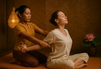 Therapist performing traditional Thai massage on a client in Ashburton