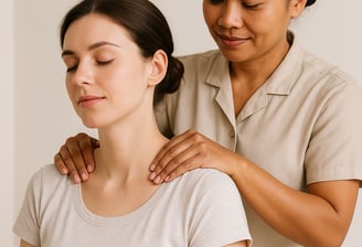 Massage therapist focusing on back and shoulder tension for client relaxation