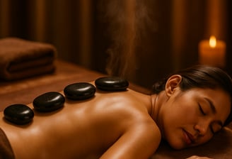 Smooth hot stones placed along a clientβs back in a tranquil spa environment