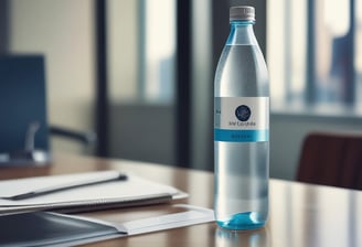 A sleek, modern glass water bottle with black lettering stands upright against a softly lit background. The bottle has a distinctive, elegant spout attachment, resembling a sophisticated dispenser or faucet, casting a gentle shadow.