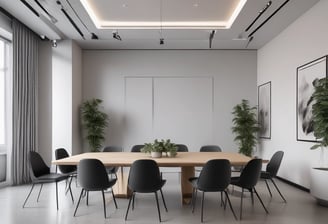 A conference room with a long wooden table surrounded by chairs covered in protective plastic. Multiple computer monitors are placed on tables against the walls, each displaying nature-themed images. The walls are lined with wood paneling, and a sign indicating a center for artificial intelligence is displayed at the front. There are decorative flower arrangements on the table, and the overall setup suggests a professional environment.