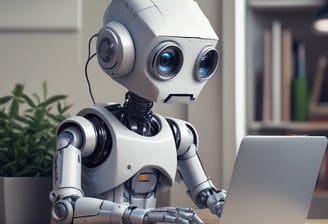 A small, round robot with a smooth white surface and blue accents operates a blue laptop on a sleek, floating platform. The robot has glowing eyes and an antenna on its head, with an 'AI' emblem on its front.