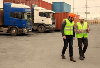 two men in safety vests standing in front of a truck