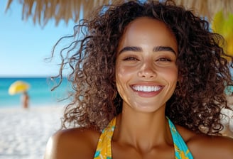Woman with big smile on beach in Thailand, dental tourism Thailand