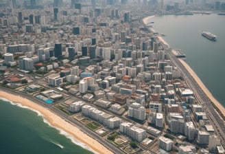 A cityscape with a real estate sign in the foreground, prominently displaying the name and phone number. Surrounding the sign are various buildings with different architectural styles, some with scaffolding and green netting. The scene features a mix of older, worn structures alongside modern glass-fronted buildings. Power lines and construction materials add to the urban complexity.