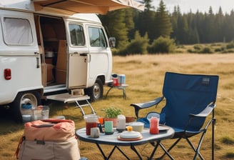 A vintage yellow camper van is parked in a grassy field, with the side door open revealing a cozy, lived-in interior. It has a roof rack loaded with camping equipment. The surroundings are natural, with tall dry grass and scattered bushes, creating a serene outdoor setting. A small table with cooking or camping gear is set up beside the van.