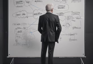 a man in a suit and tie is standing in front of a white board with