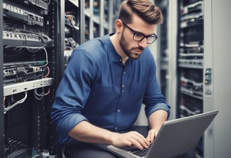 People are working on laptops at a modern office setup. The environment appears collaborative and tech-focused, with laptops, notebooks, and a bright, colorful interior featuring orange and green tones.