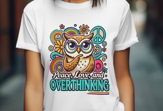 Female wearing a shirt that says peace, love and overthinking with an owl amongst peace signs in a v