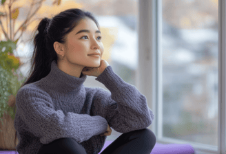 Una mujer sentada, se ve tranquila, probablemente tiene control y equilibrio de emociones