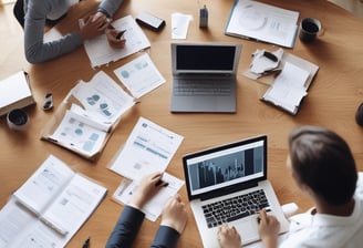 Three people are sitting around a conference table in a modern office. One person is wearing a red blazer and is speaking, while the other two listen and have open laptops in front of them. Papers with charts and graphs are scattered on the table. In the background, there are gray acoustic panels on the wall and a flip chart with colorful notes.