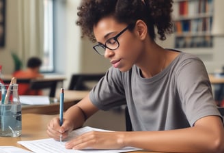 A child is sitting at a wooden table, concentrating on a worksheet with a pen in hand. The setting appears to be a room with a light-colored cabinet in the background, and there is a small red eraser on the table.