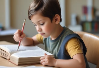 A young child wearing a white T-shirt with the word 'Harvard' printed on it is seated at a table with a laptop in front of them. The child is looking at the laptop screen and raising one finger, appearing focused and engaged. Nearby, there is a paperback book lying on the table.