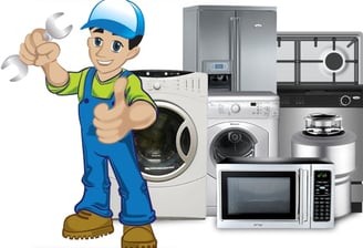 a man in a blue overalls and a washing machine