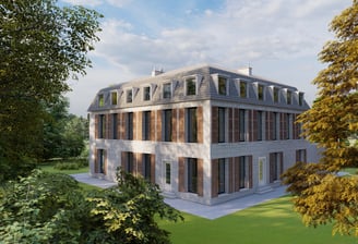 Rendu 3D d’un château en cours de restauration, mettant en valeur les volumes et les éléments patrimoniaux.