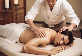 A person is lying on a massage table, covered with a dark towel, receiving a face massage. The massage therapist's hands are gently pressing on the person's forehead and eyes. The environment appears calm and relaxing.