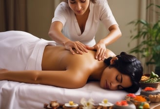 A serene spa setting featuring a person lying face down on a massage table covered with a white sheet. Several smooth black stones are placed along their back for a hot stone massage. Soft, ambient lighting creates a warm atmosphere, with bottles of oil visible on a wooden table in the background.