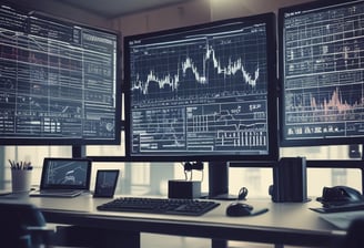 A tablet displaying a detailed digital financial trading interface with various graphs, charts, and numerical data. The screen shows candlestick charts with green and red indicators, illustrating market trends and stock prices.