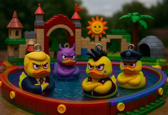 a group of rubber ducklings in a toy pool