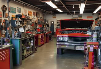 A spacious and well-lit automotive repair shop with several vehicles, including a truck on a lift and another with its hood open. The area is organized with tools and equipment scattered around workstations, with blue car lifts and various service bays visible.