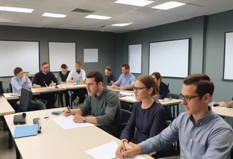 A group of people is engaged in a training session in a conference room setting. A presenter is standing and holding a sheet of paper, addressing the group seated at a round table. The attendees are actively listening, and there's a banner in the background advertising UX training. The room is well-lit, with a flipchart visible at one side.